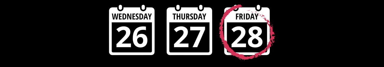 Three Calendar TIles with Wednesday the 26th, Thursday the 27th, and a circled Friday the 28th