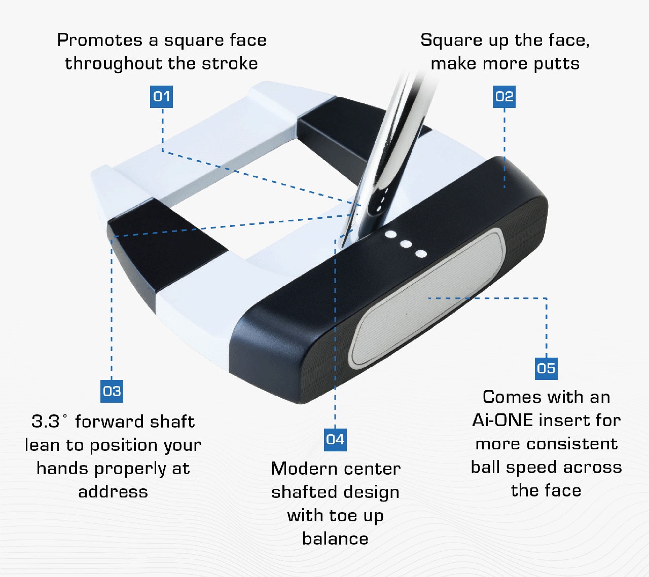 1- Promotes a square face throughout the stroke 2- Square up the face, make more putts 3- 3.3° forward shaft lean to position your hands properly at address 4- Modern center shafted design with toe up balance 5- Comes with Ai-ONE insert for more consistent ball speed across the face